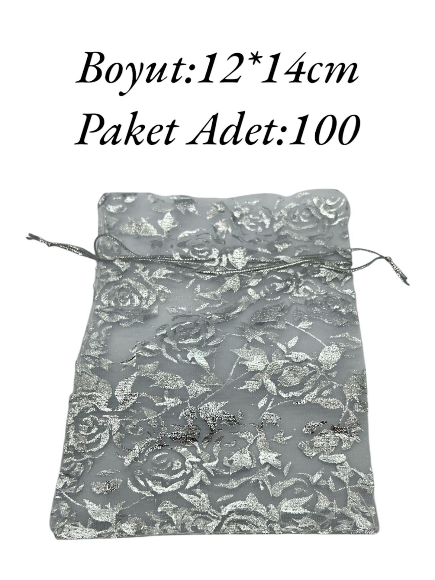 Tül Kese 12x14cm Gümüş Desenli