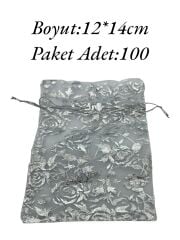 Tül Kese 12x14cm Gümüş Desenli